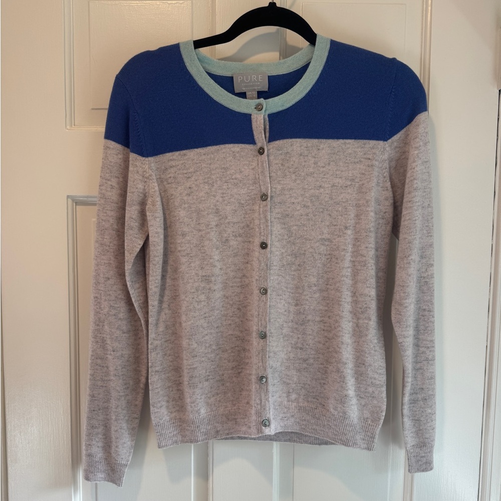 Pure Collection Blue and Grey 100% Cashmere Cardigan